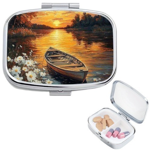 Sunset Canoe Print Square Pill Box 2 Compartment Medicine Organizer Travel Size