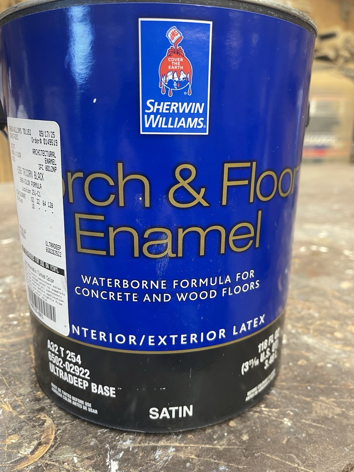 1 Gal Sherwin Wiliams Porch Floor Enamel Interior Exterior  Satin/ Tricorn Black