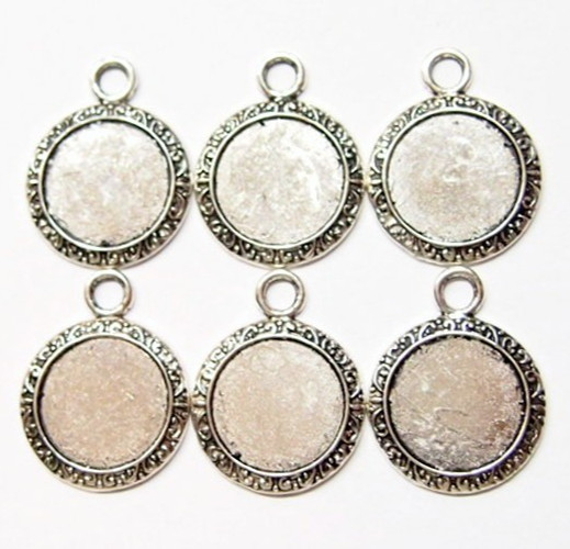 6 of 20mm Round Antique Silver Victorian Scroll Edge Pendant Settings 34x27mm