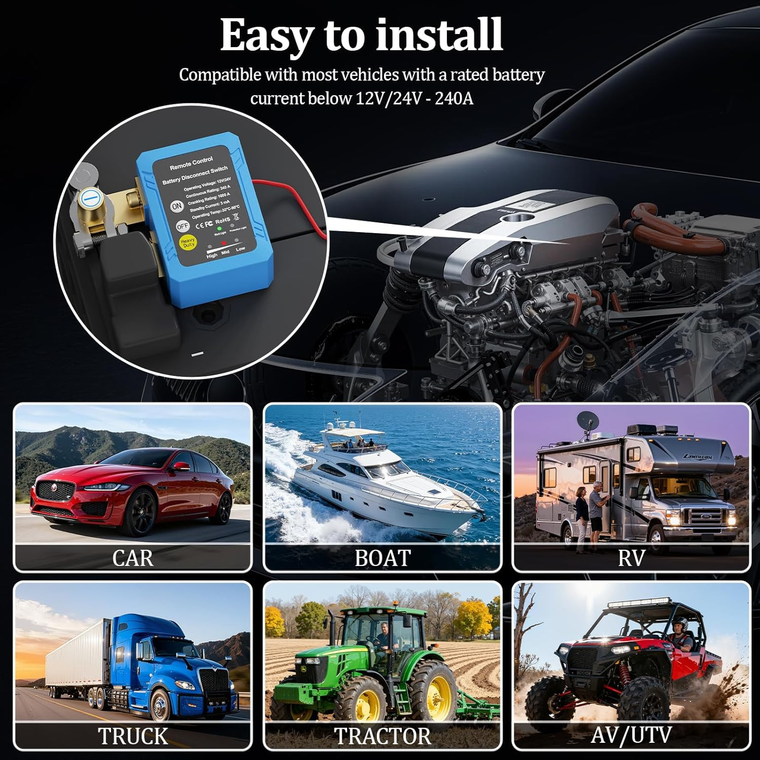 Remote Battery Disconnect Switch 12V, 240A, Kill Switch for Car Prevent Battery