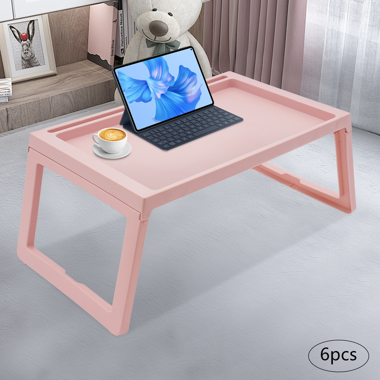 6pcs Pink Foldable Lap Desks Set for Laptop & Food Tray - Space-Saving Design