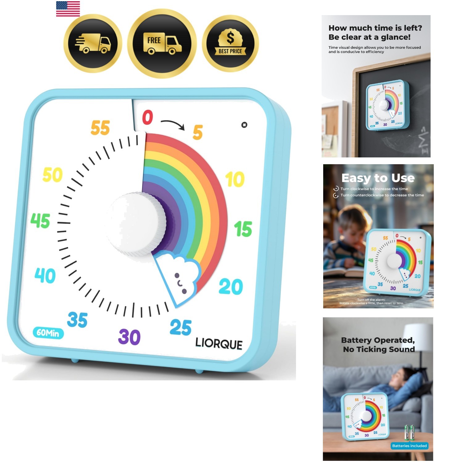 60 Minute Visual Timer for Kids and Adults, Non-Ticking 7.5 Inch Large Visual...