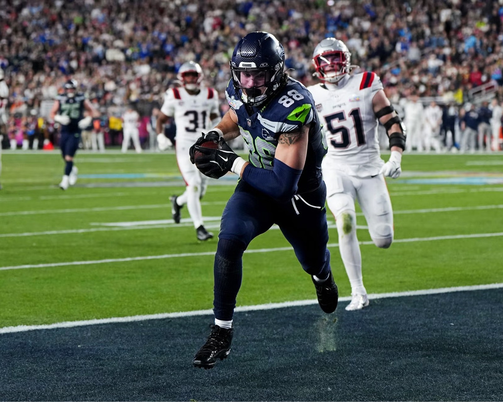 AJ Barner Super Bowl LX Touchdown Seattle Seahawks 8x10 NFL Football Photo