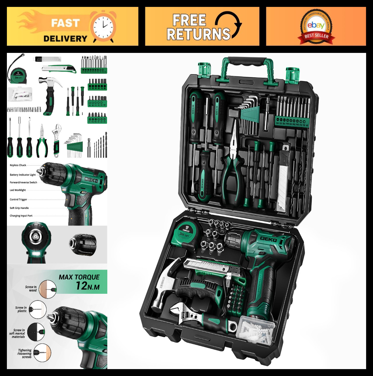 8V Cordless Drill Tool Kit, 126-Piece Home Repair Hand Tool Set with Storage Cas