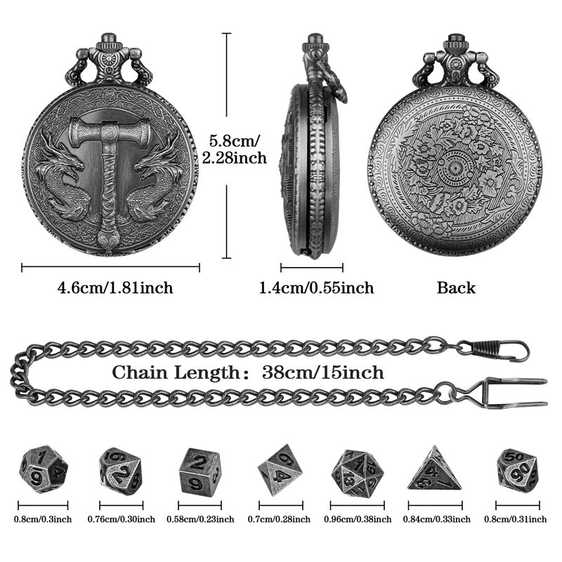 7pcs Mini Solid Metal Polyhedral Dice Set for RPG in Dragon Pocket Watch Case