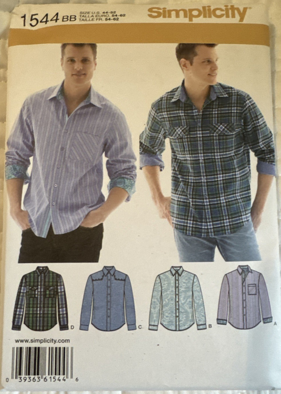 Simplicity 1544 Mens Shirt Sewing Pattern Uncut Size 34-42 and 44-52 available