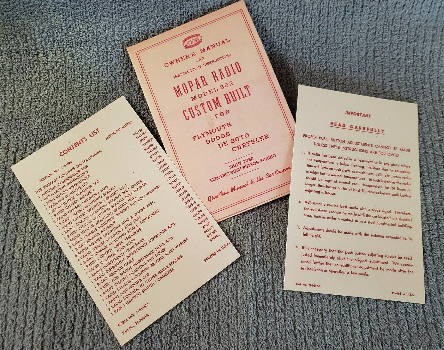 MoPar RADIO, MODEL 802 - Owner's Manual and Installation Instructions (REPRO)