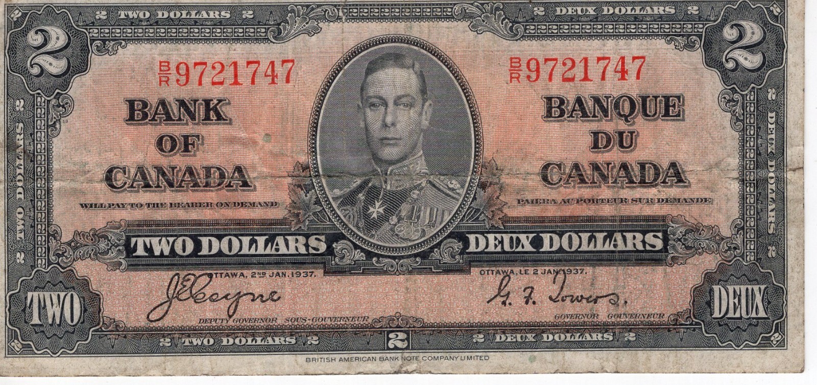 Bank of Canada 1937 $2 Two Dollars Coyne-Towers B/R Prefix F/VF