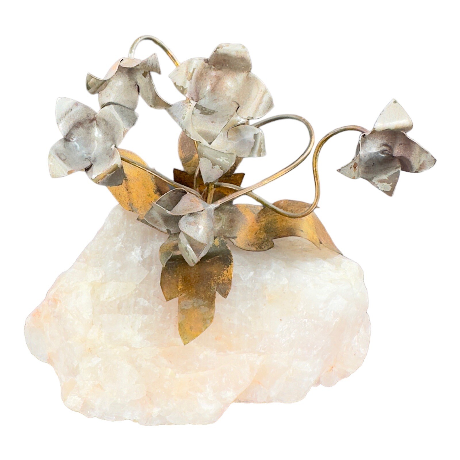 1960s Vintage Metal Flowers On A Pink Stone Mineral Rock Mid Century Figurine