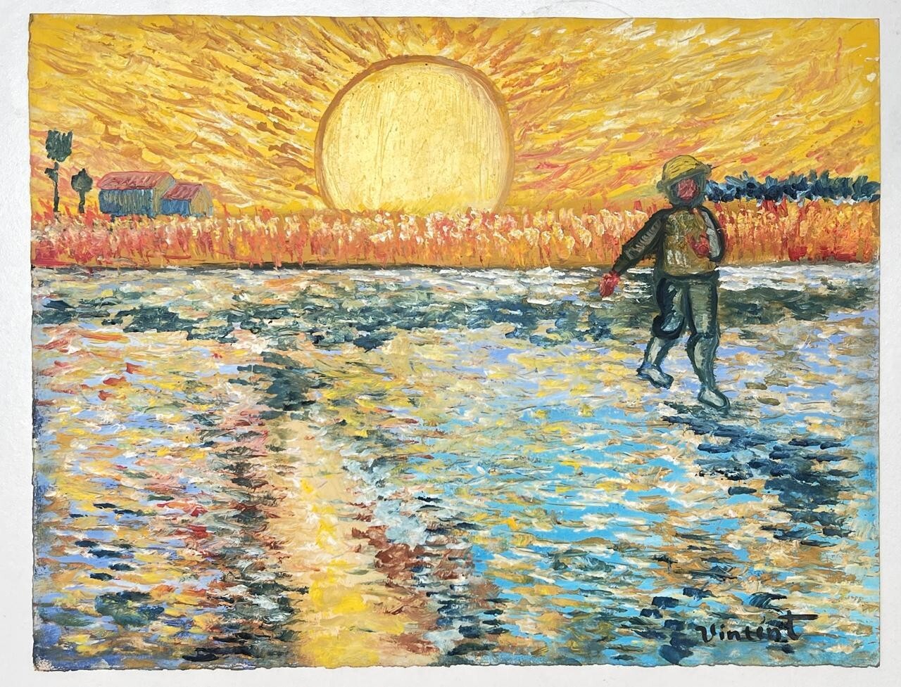 Vincent Van Gogh (Handmade) Oil Drawing On Old Paper Signed & Stamped, Vtg art