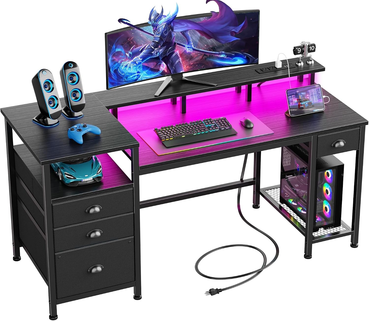 60" Black Computer Desk W/ 4 Drawers & Printer Space Gaming Desk W/ LED Lights &