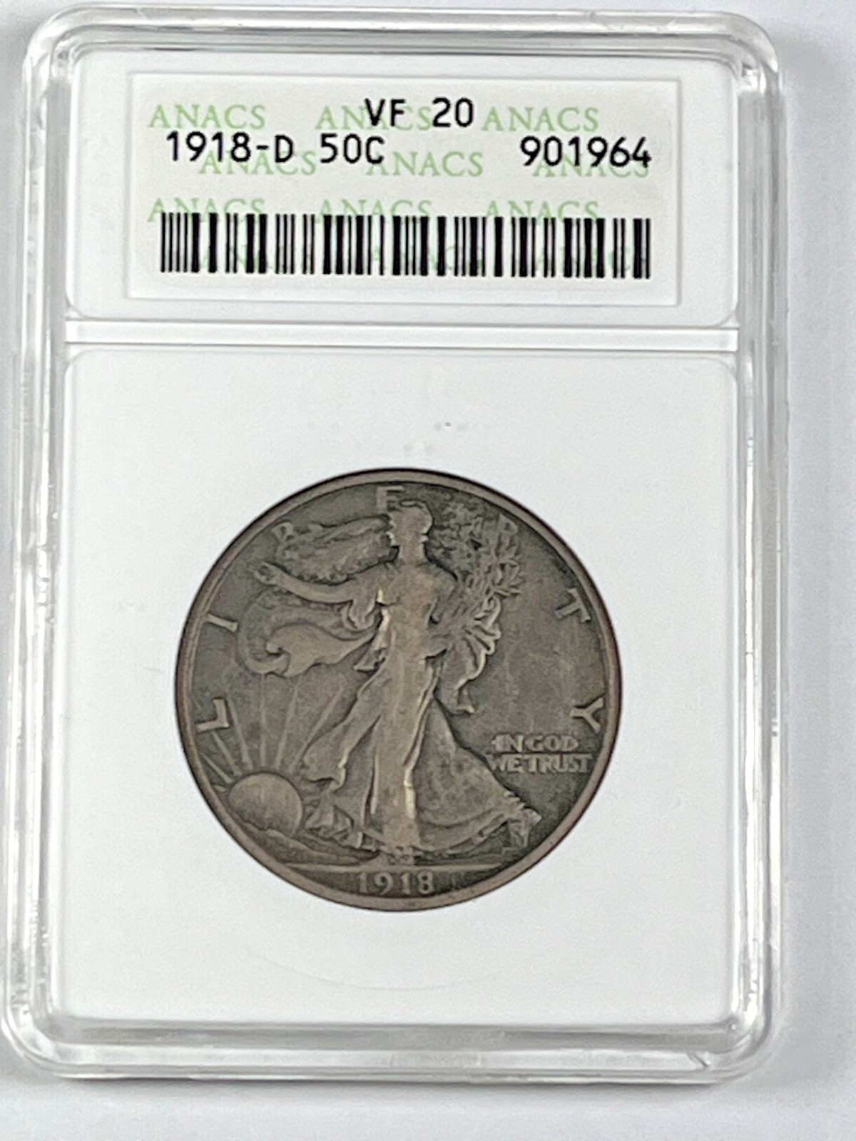 1918-D Walking Liberty Half Dollar : ANACS VF20