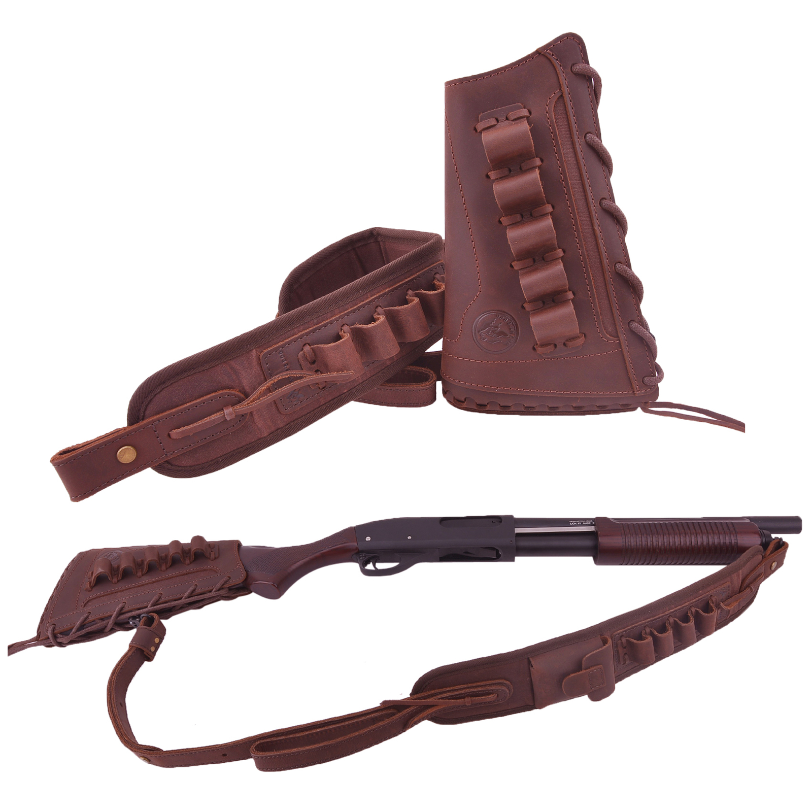 1 Combo of Leather Rifle Buttstock Cover +Gun Shell Holder Sling .308 .30/30 .22