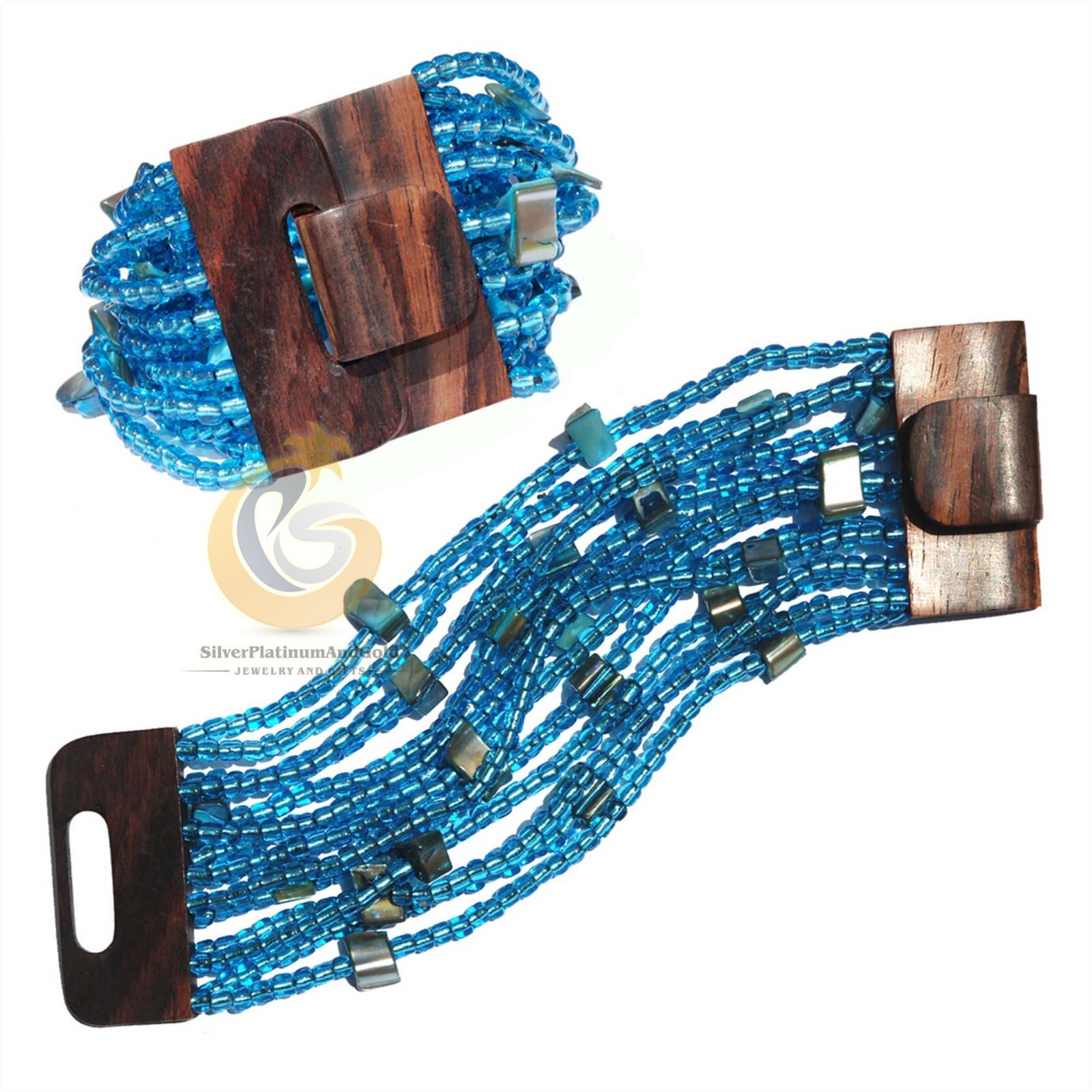 Light Blue Beaded Bracelet Glass & Mother of Pearl Beads Elastic Wooden Clasp