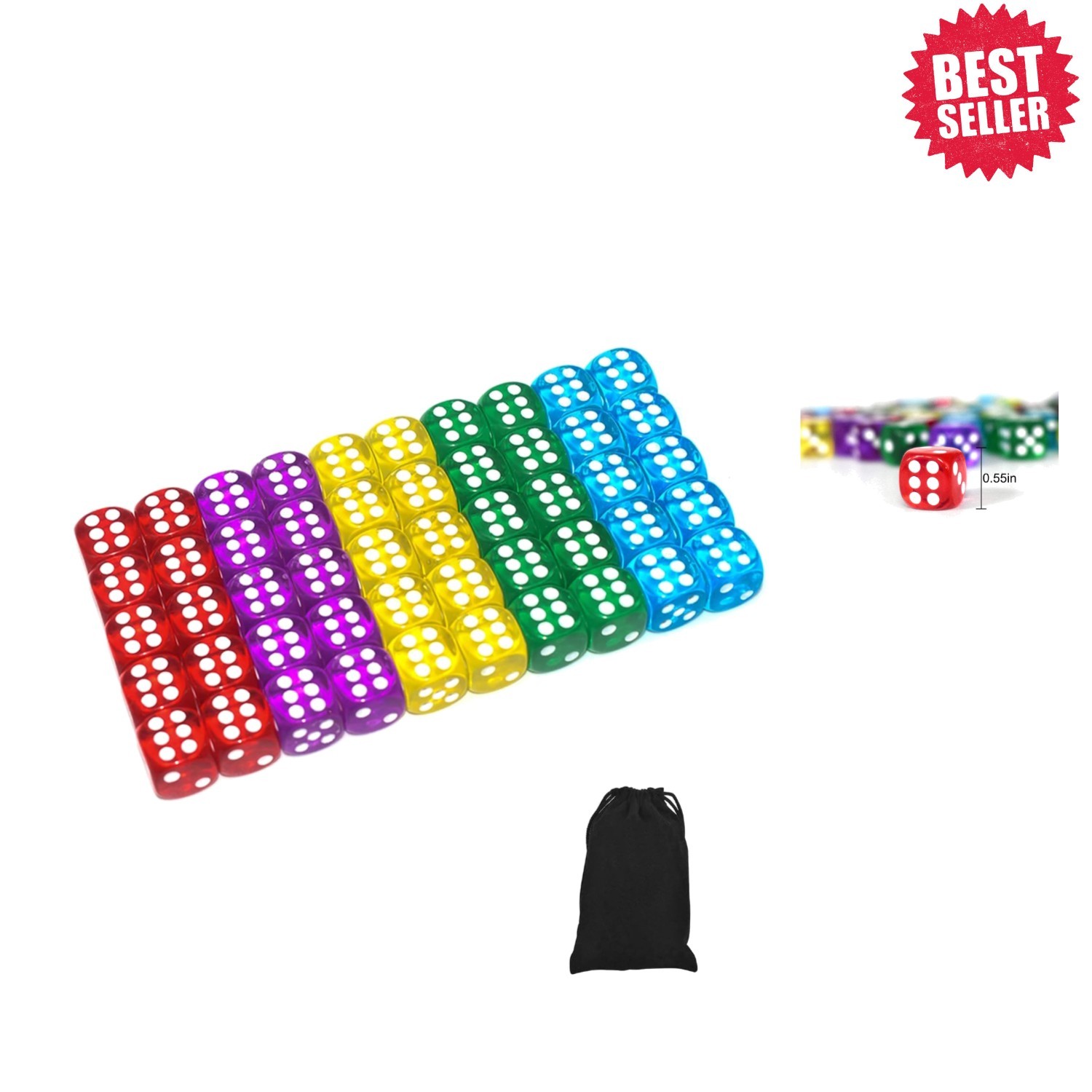 50-Piece 14MM Translucent 6-Sided Dice Set with Black Pouch for Game Nights