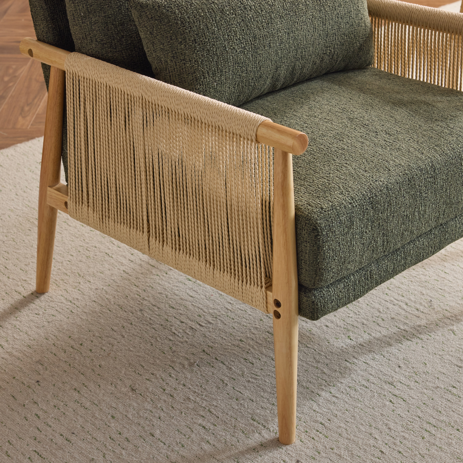 LEADZM Braid Accent Chair, Mid-Century Armchiar with Natural Oak Wooden Armrest