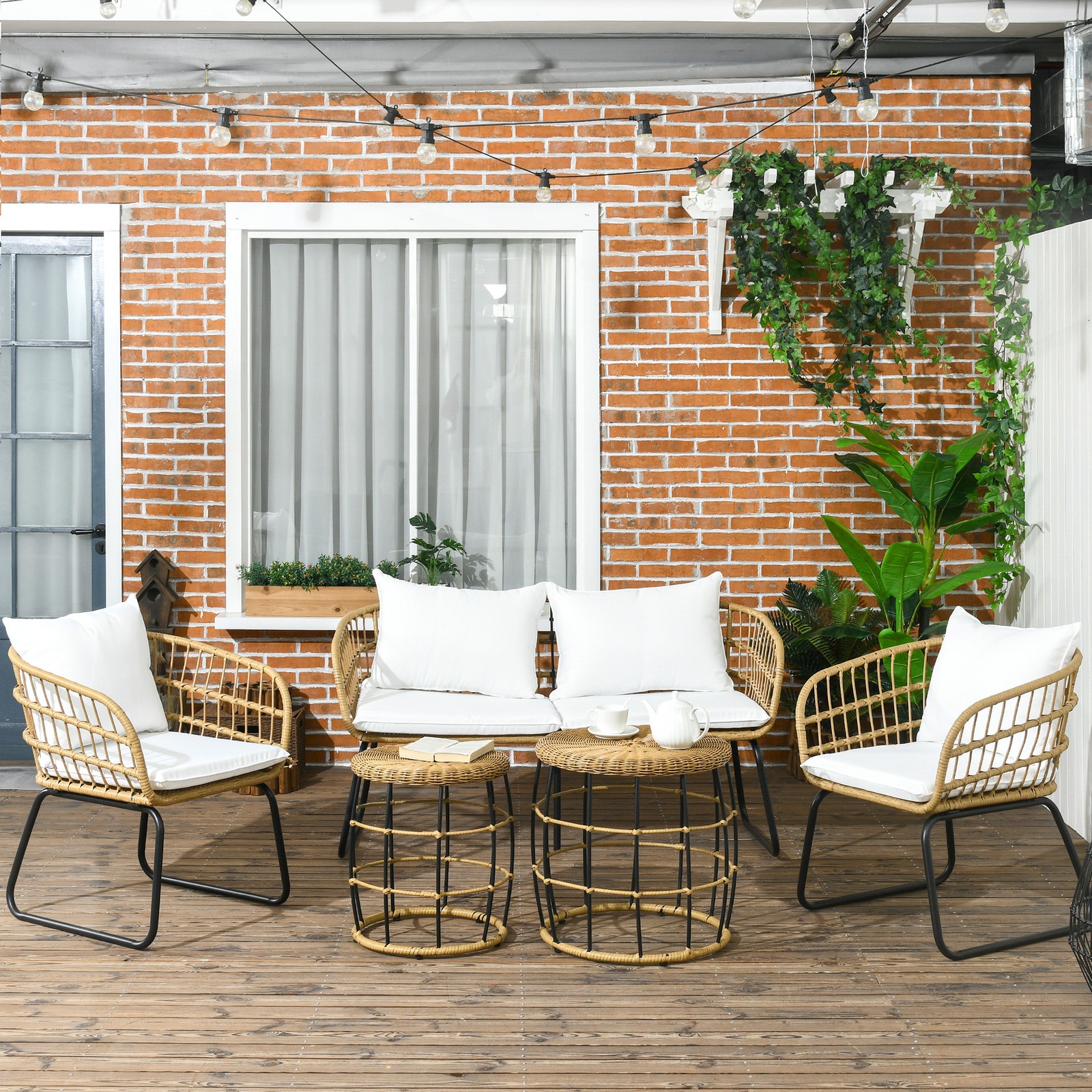 5 Piece PE Rattan Outdoor Furniture Set with Cushioned Chairs, Loveseat Sofa