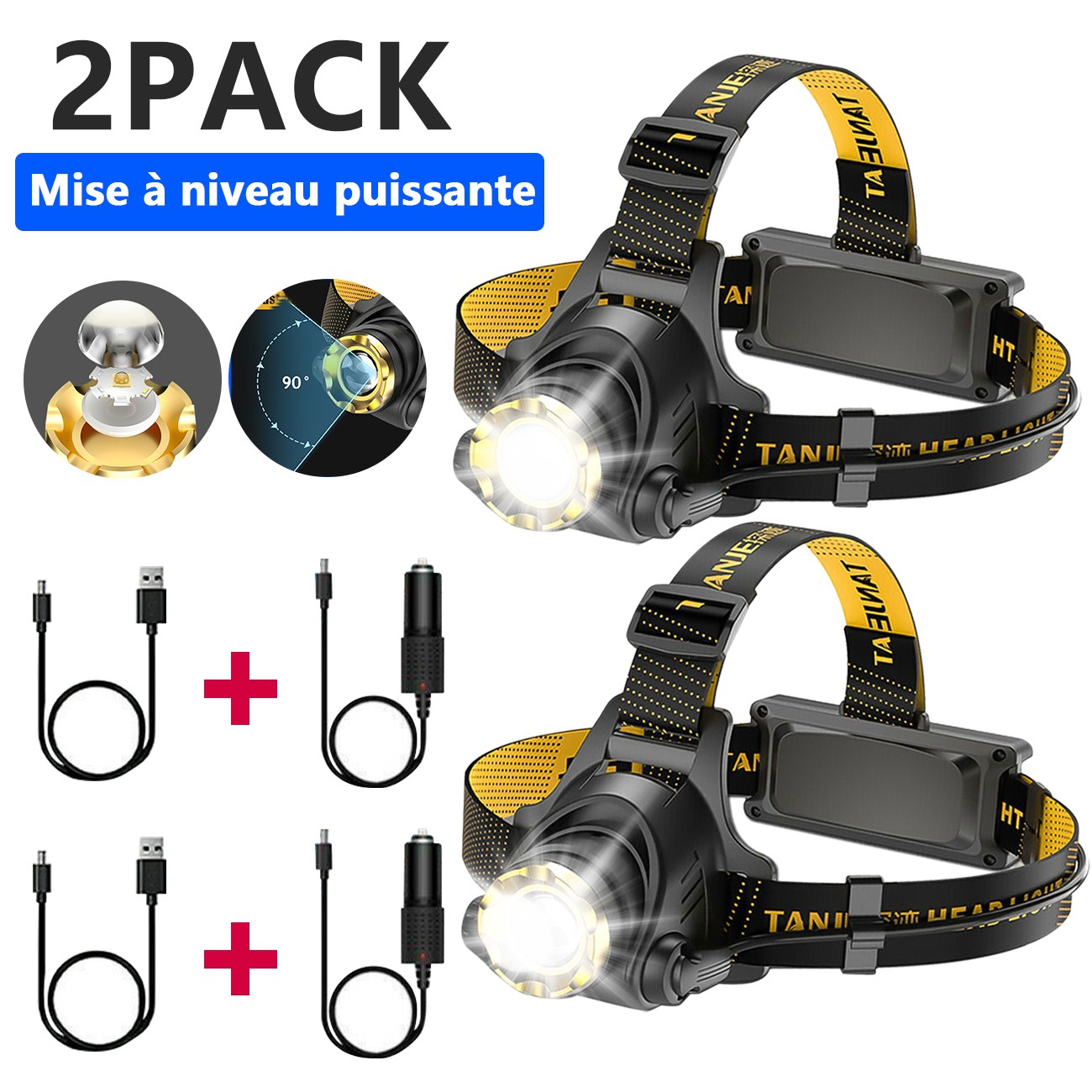 2 X 3500000lm LED Headlamp USB Rechargeable Headlight Head Torch Lamp Flashlight