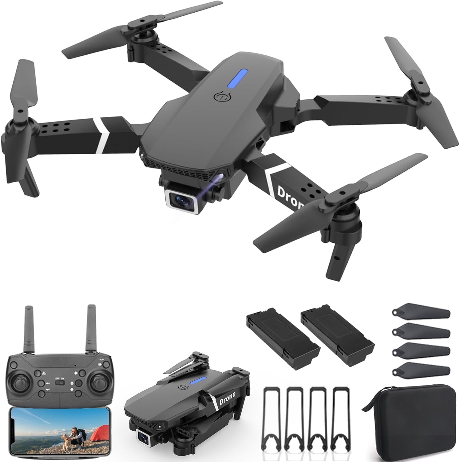drone set featuring a 1080P camera, a remote control with smartphone mount, and