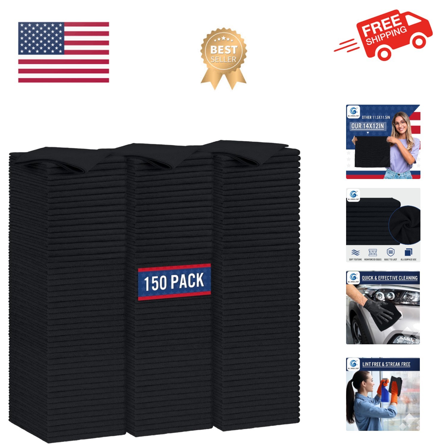 Black Microfiber Cleaning Cloth,150PK Reusable Cleaning Rags,Highly Absorbent...