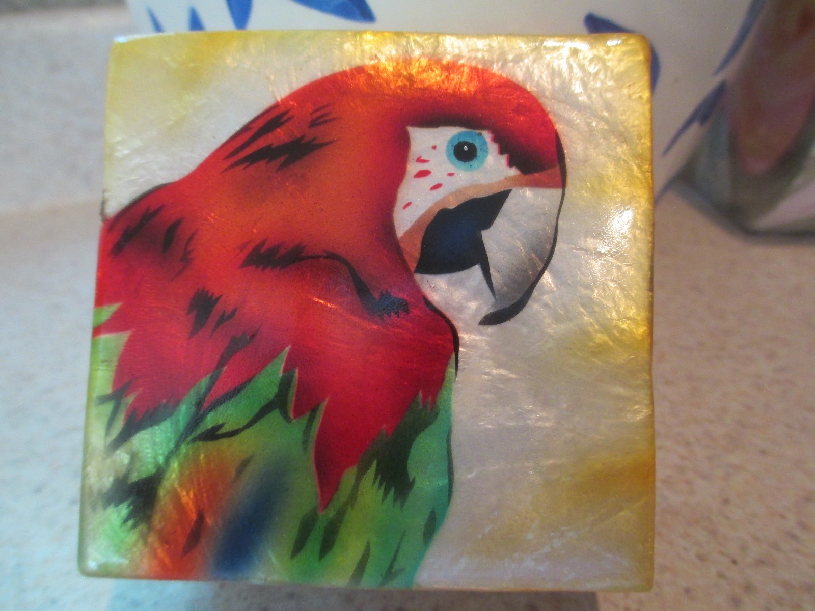 1711*      RED MACAW  ~ CAPIZ SHELL TRINKET BOX