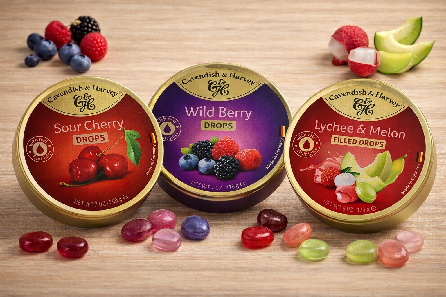 Cavendish & Harvey Candy Drops 3 Pack Sour Cherry Wild Berry Lychee Melon 6oz7oz