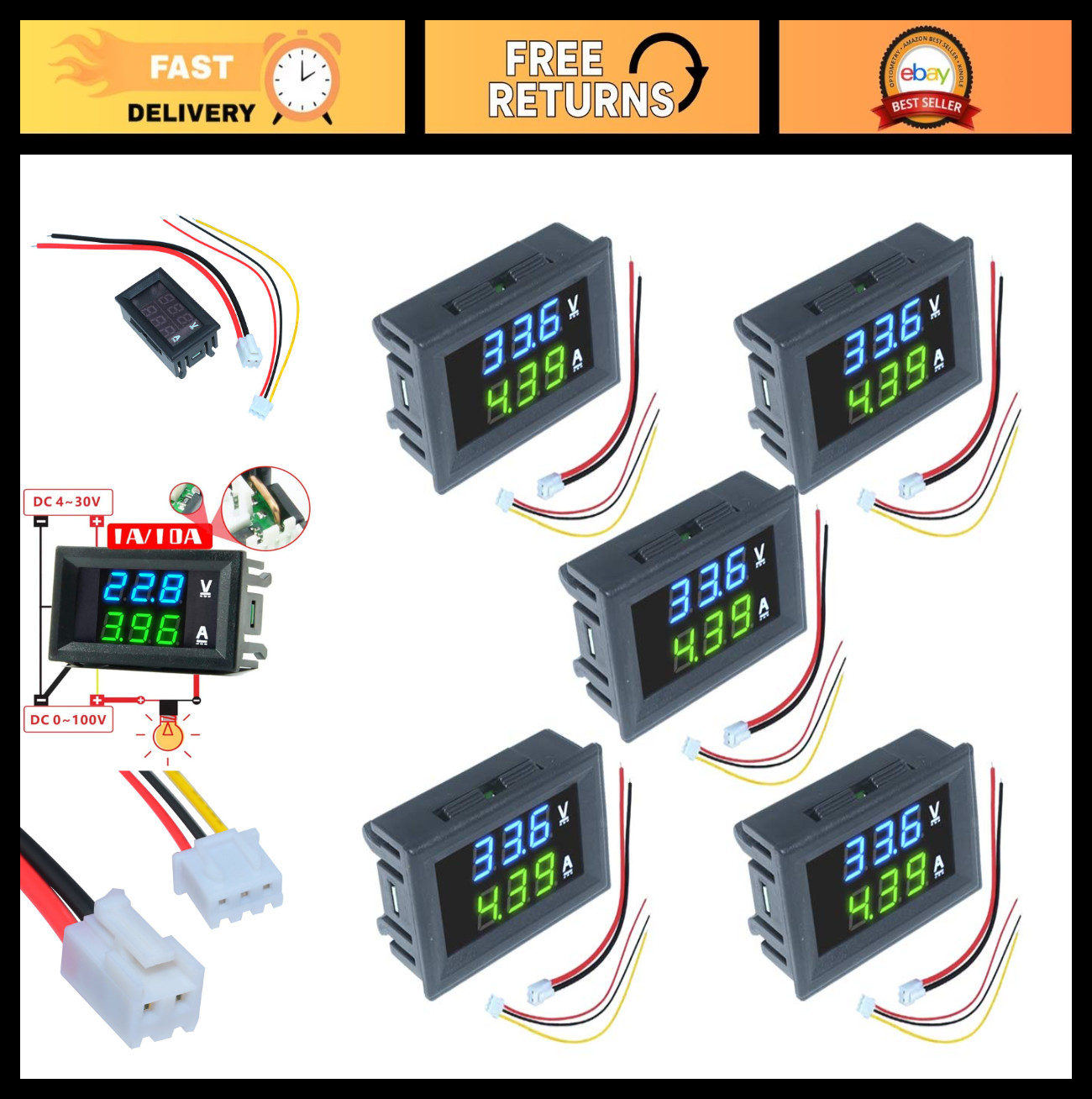 5PCS Waterproof Mini Digital Volt Amp Meter 0.28" Dual Display DC 100V 10A LED