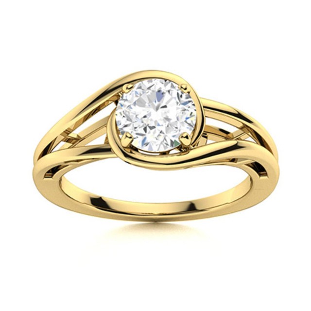 Solitaire 5MM Round White Topaz 925 Sterling Silver Gold Plated Split Shank Ring