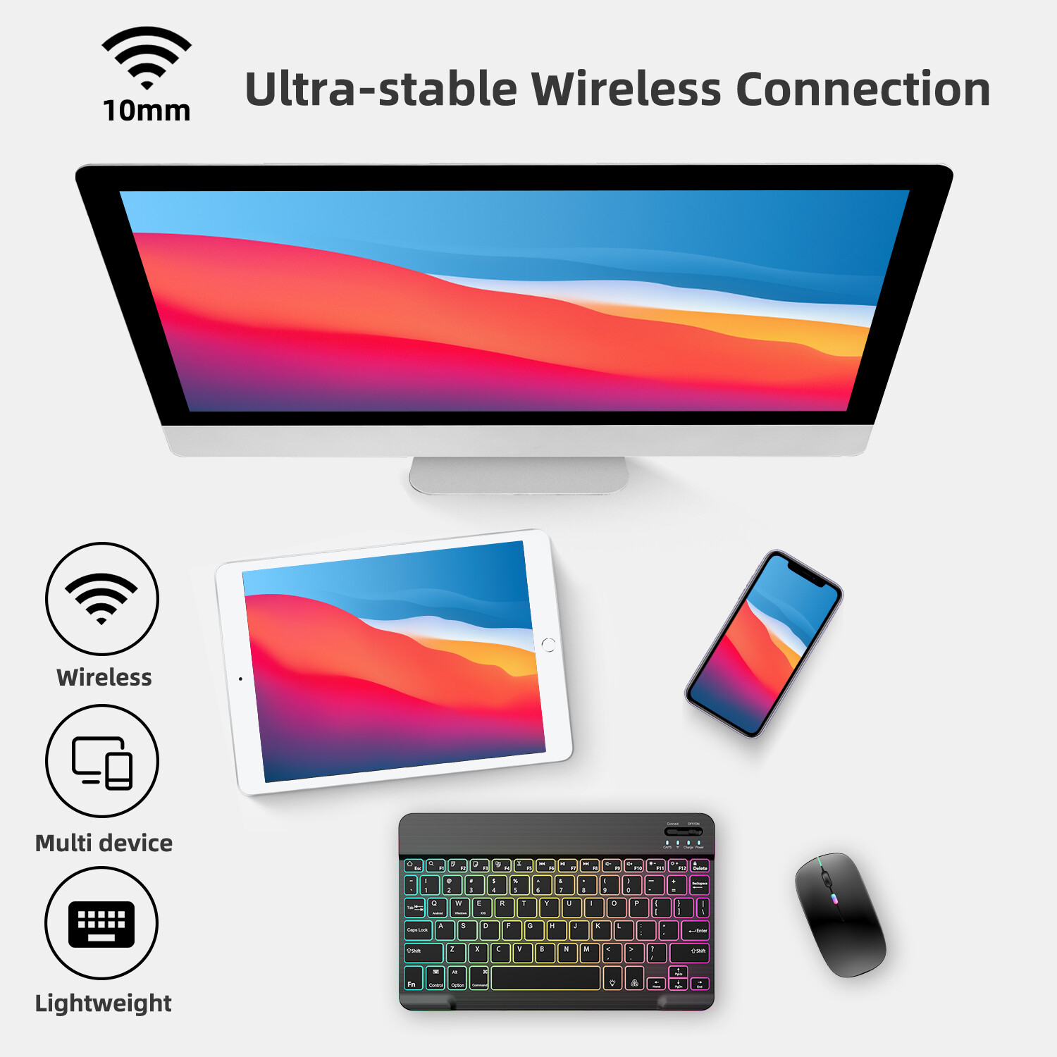 Backlit RGB Wireless Keyboard & Mouse Combo Bluetooth Set for iPad / PC / Laptop
