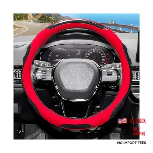 Car Steering Wheel Cover, 15 Inch Car Stretch Leather Steering Black & Red