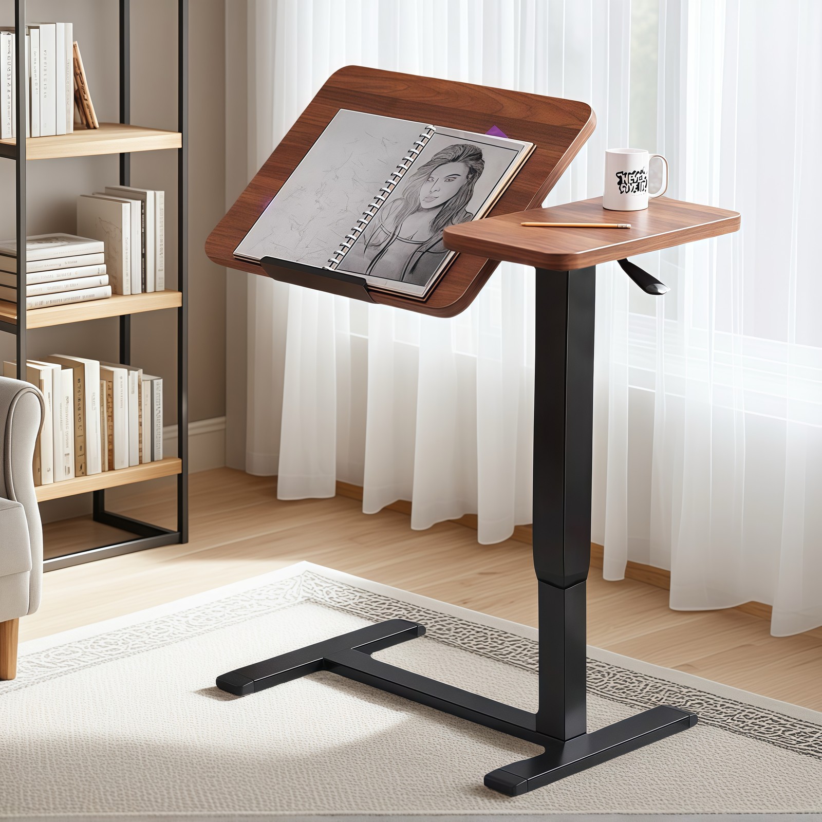 Overbed Bedside Desk, Adjustable Rolling Laptop Stand Tray Table, Walnut