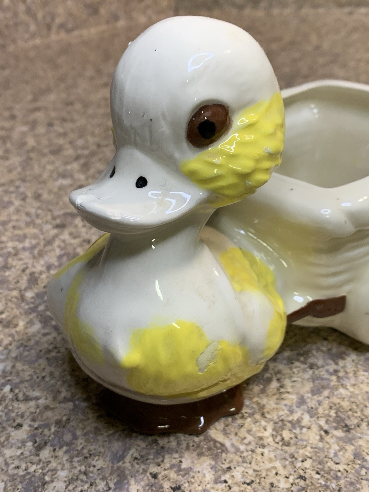Vtg MCM Glazed Ceramic Duck Pulling Cart Planter - READ