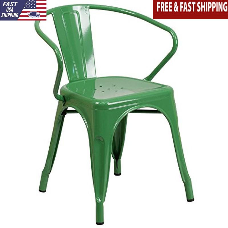 Commercial Grade Green Metal Dining Chair Stackable Weather Resistant 500 Lbs