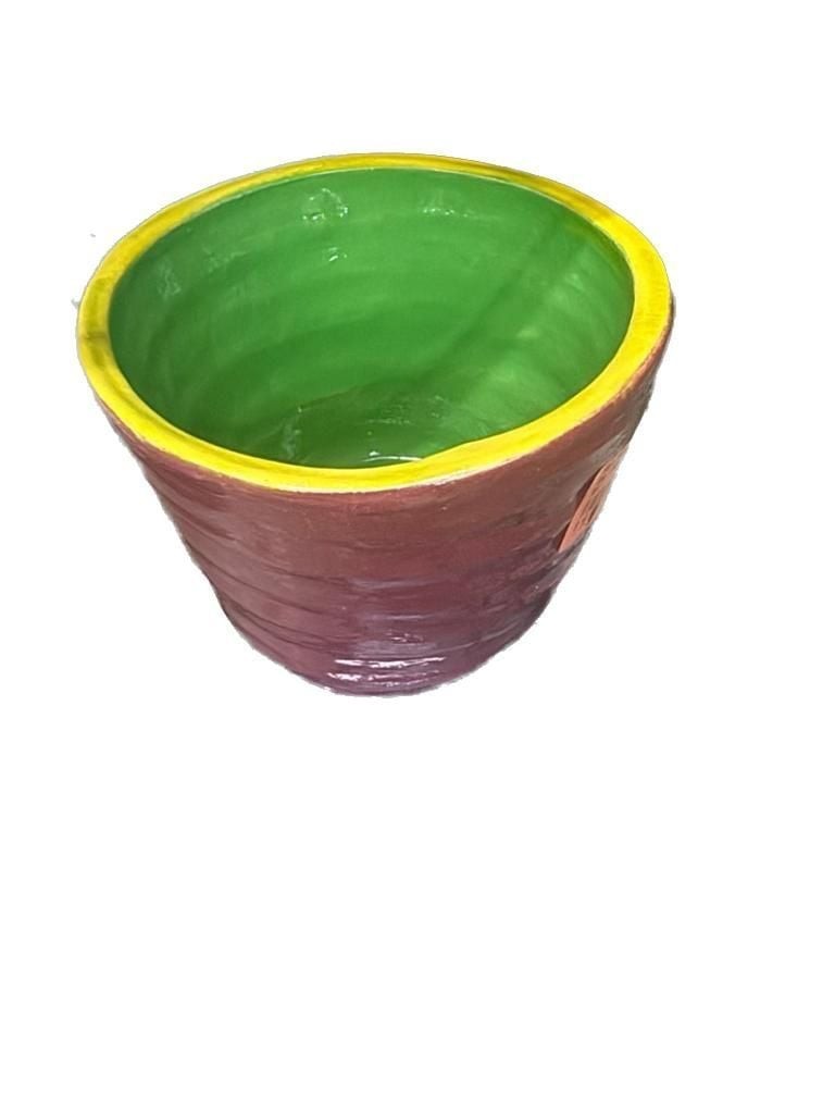 Colorful Ribbed Ceramic Planter Pot with Green Interior and Yellow Rim