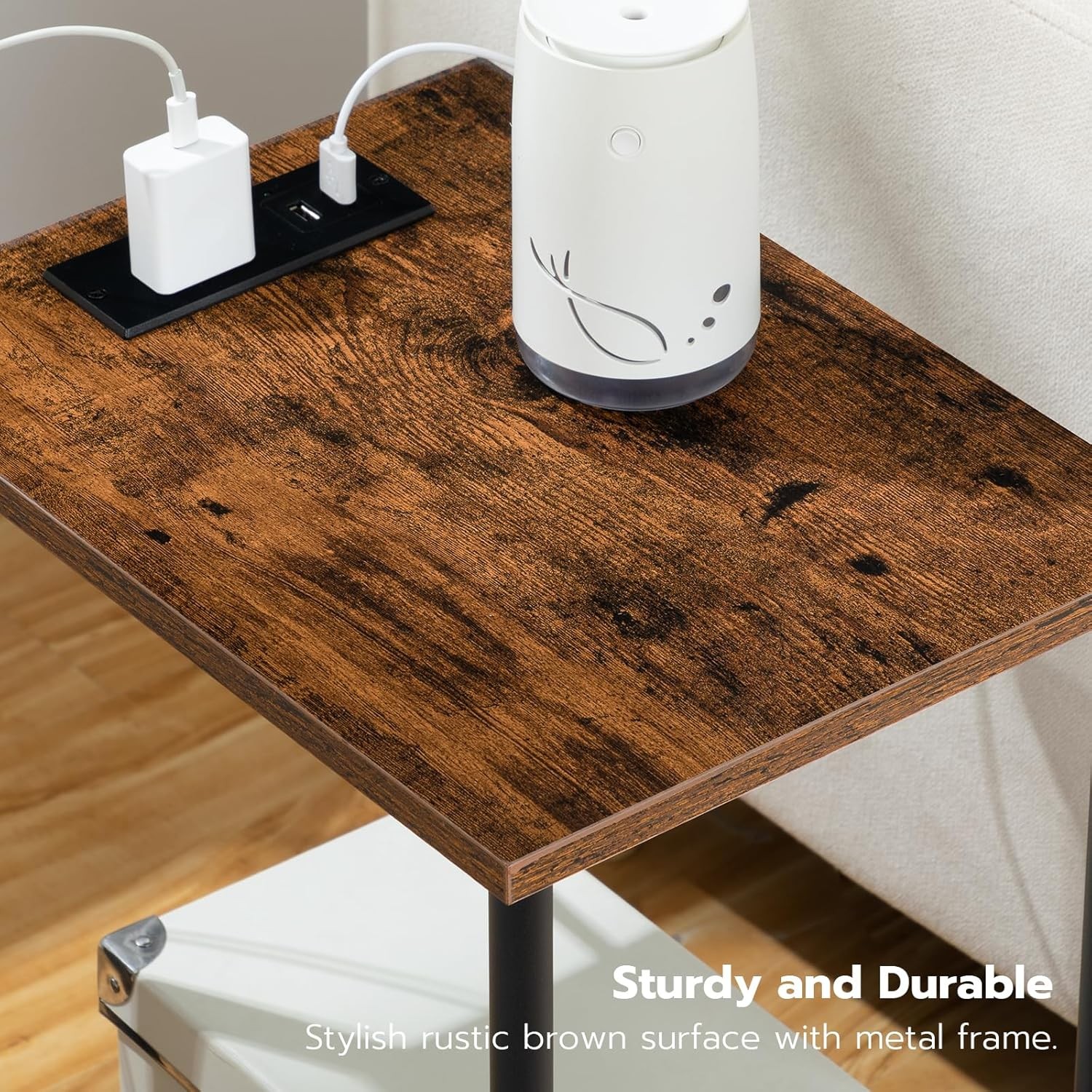 HOOBRO Side Table with Charging Station, End Rustic Brown + Black
