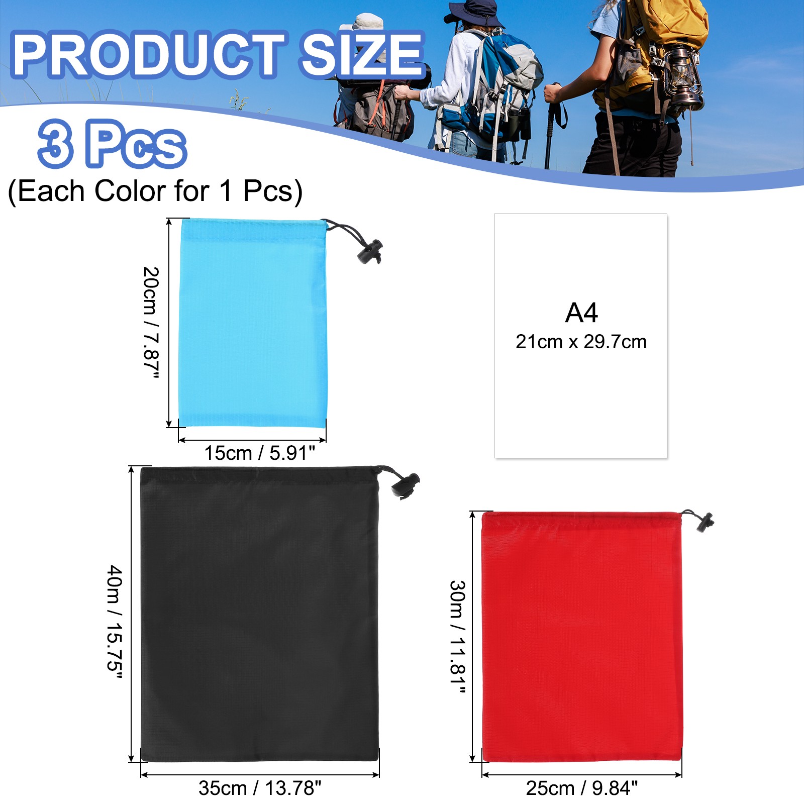 3 Pack Drawstring Bag with Toggle Stuff Sack Cinch Bag 3 Size Sky Blue/Red/Black