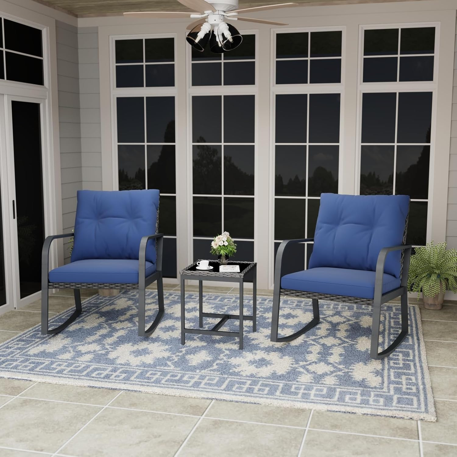 Bistro 3 Piece Patio Furniture Set, Patio Table and Rattan Outdoor Rocking Chair