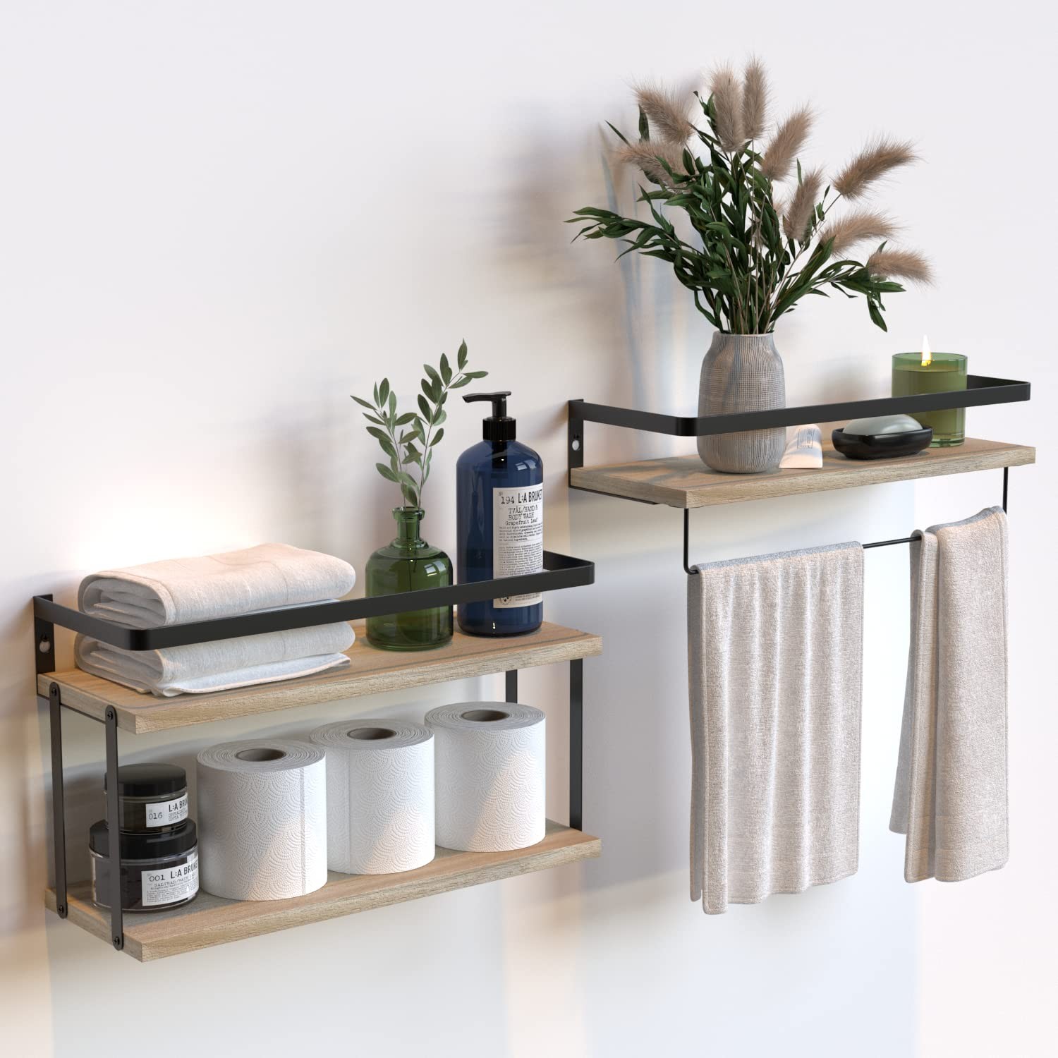 RICHER HOUSE 2+1 Tier Wall Mounted Floating Shelves Set of 2, Rustic Wood Wall S