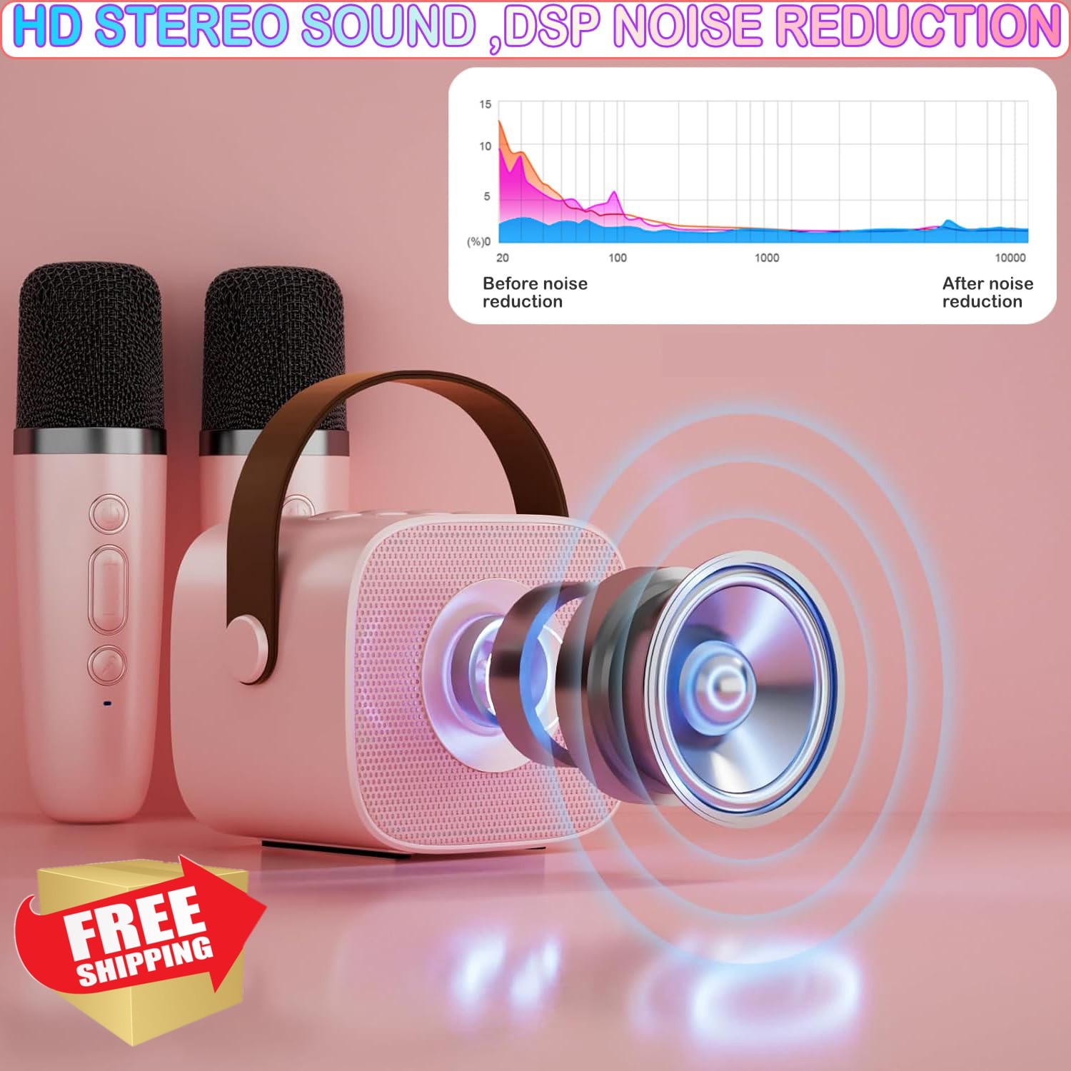 Darkant K1-2MIC-PINK Karaoke Machine 2 Mics LED