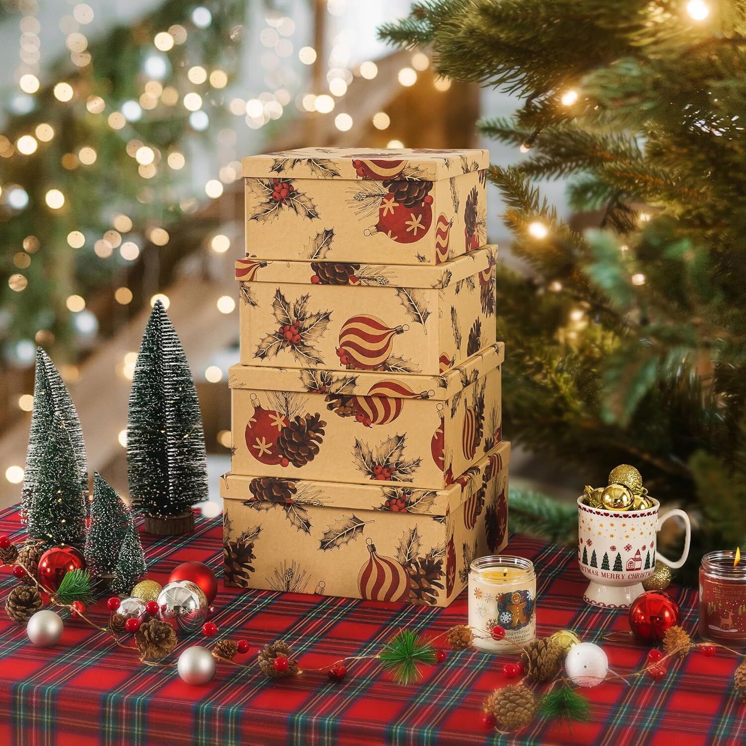 Christmas Kraft Square Decorative Boxes with Lids -Set of 4,Christmas Gift Boxes