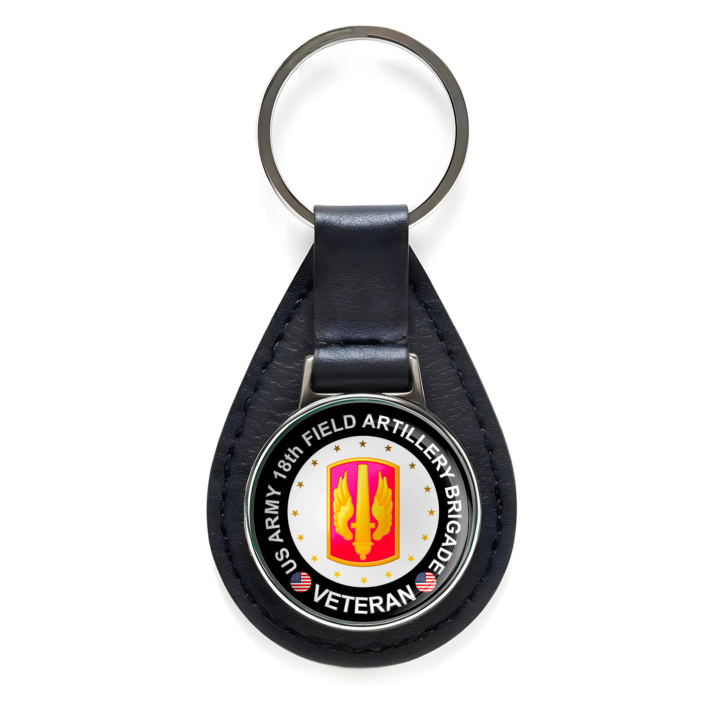 US Army 18th Field Artillery Brigade Veteran Leather Keychain Silver Keyring