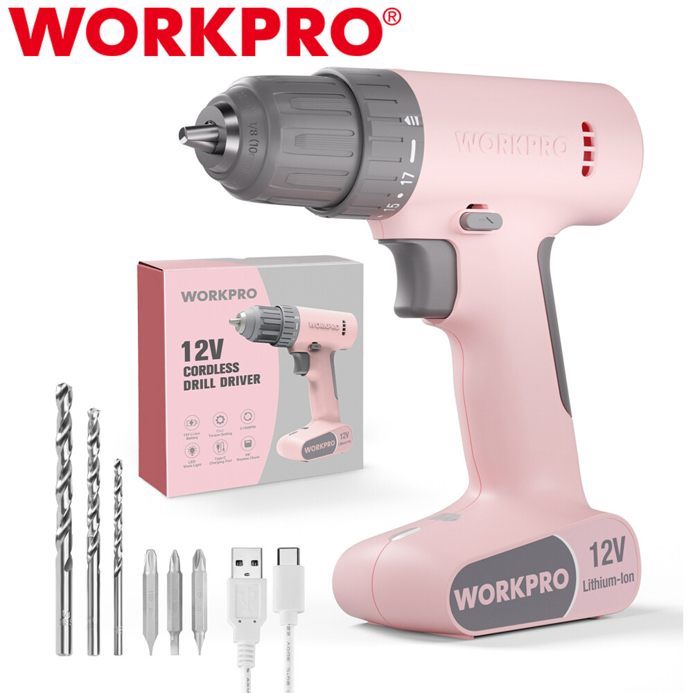 WORKPRO12V 3/8" Cordless Drill Driver Set w/ 6PCS Bits 18 Touque Pink USB Charge