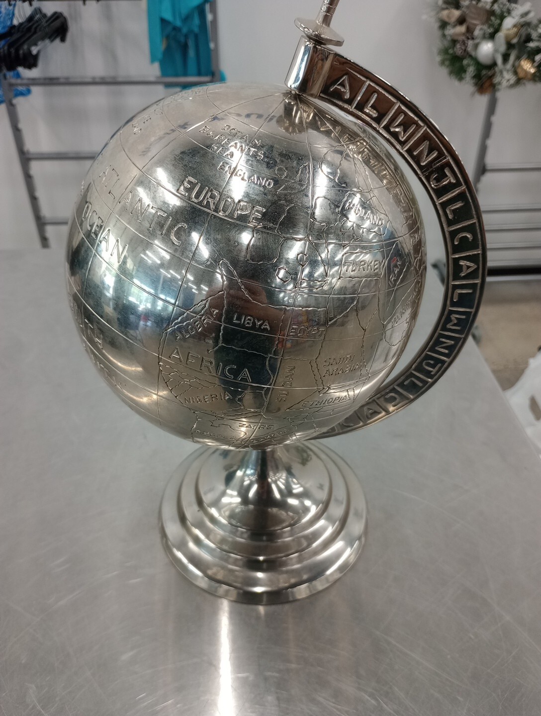 Vtg Silver Metal Chrome 13" World Globe Map Rotating Heavy Desktop Decor