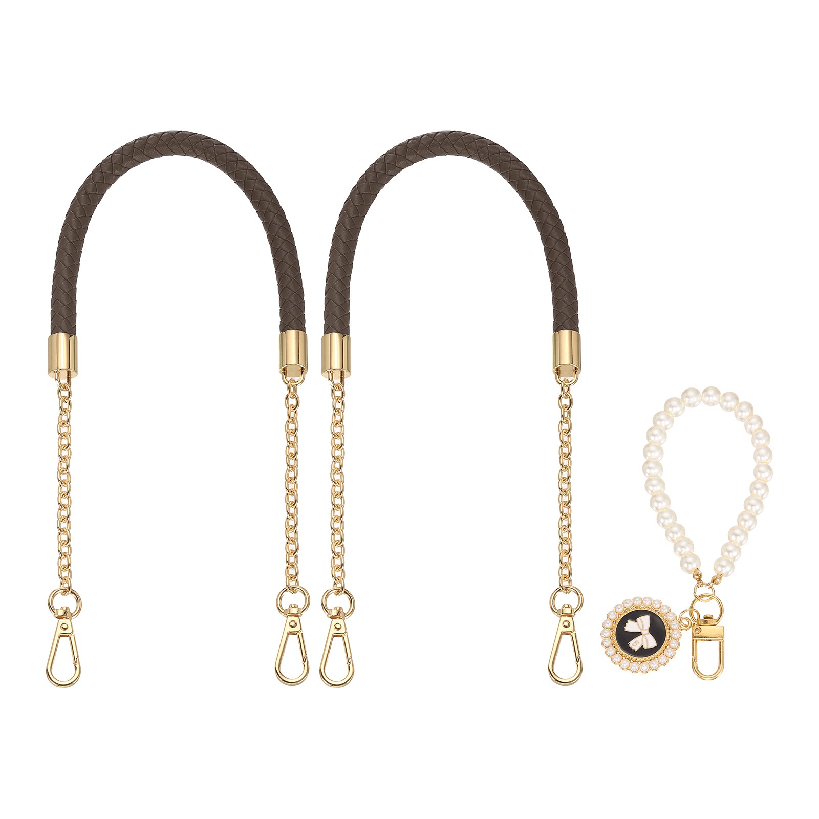 2Pcs 23.6Inch PU Leather Purse Strap with Pendant (Dark Brown, Light Gold Chain)