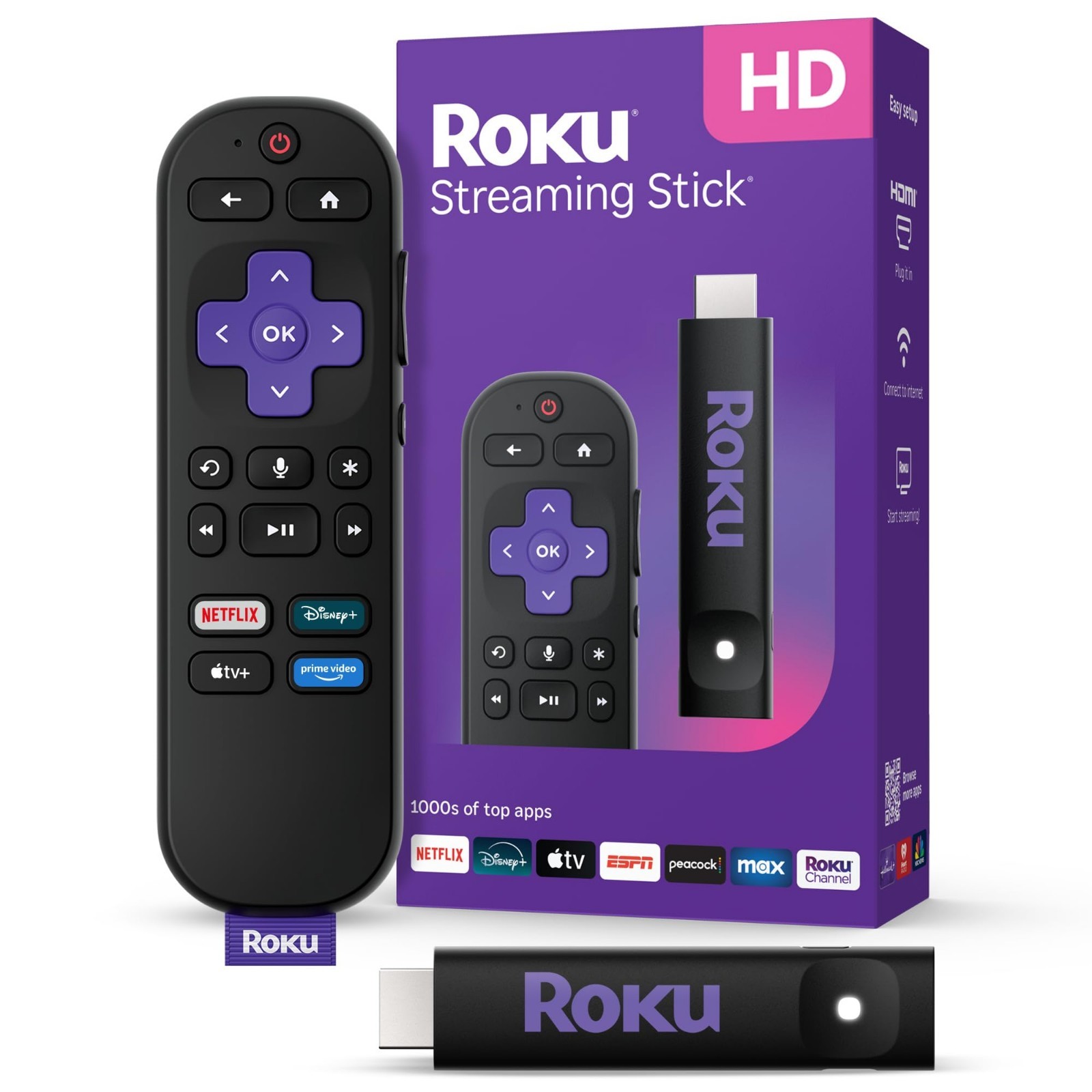 Roku HD Streamer 2026 Streaming Stick Device for TV with Voice Remote Free Cable