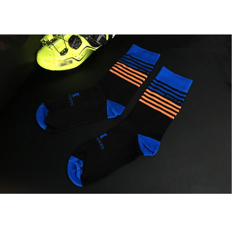 Pro Men Women Cycling Sports Ankle Socks XC Road Riding Stripe Socks Blue Orange