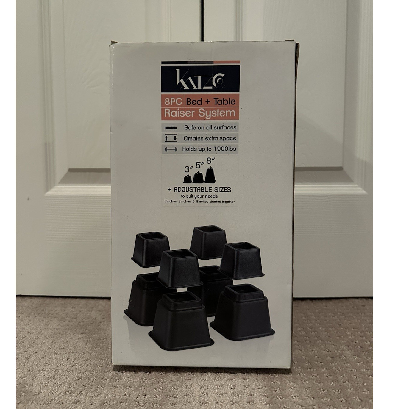 Kaizo 8PC Bed & Table Raiser System Adjustable Sizes Black Plastic