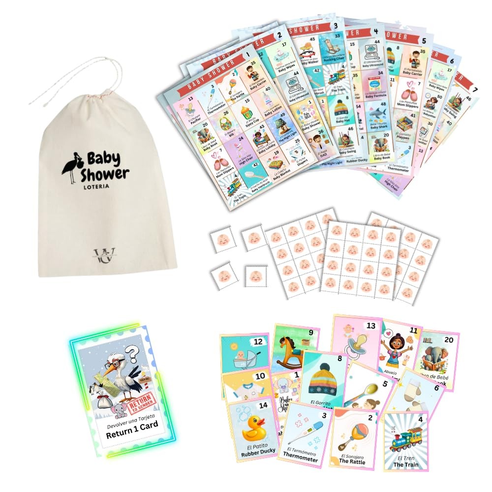 Baby Shower Bilingual Loteria Game Set for 50 Players