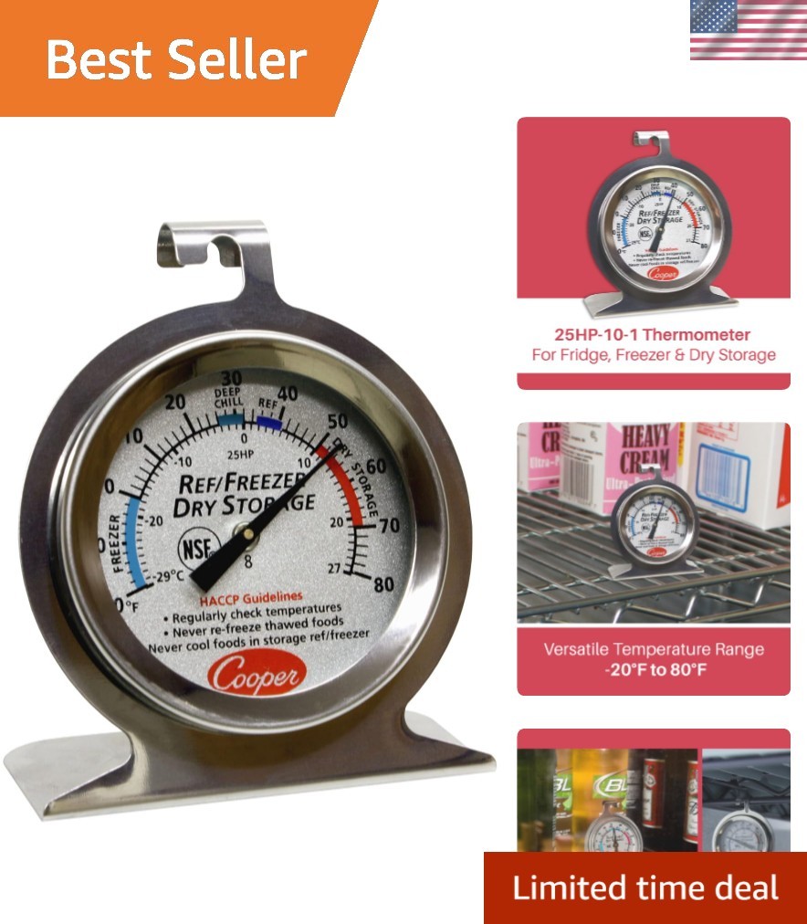 Refrigerator Freezer Thermometer Analog 0°F-80°F Stainless Steel Silver