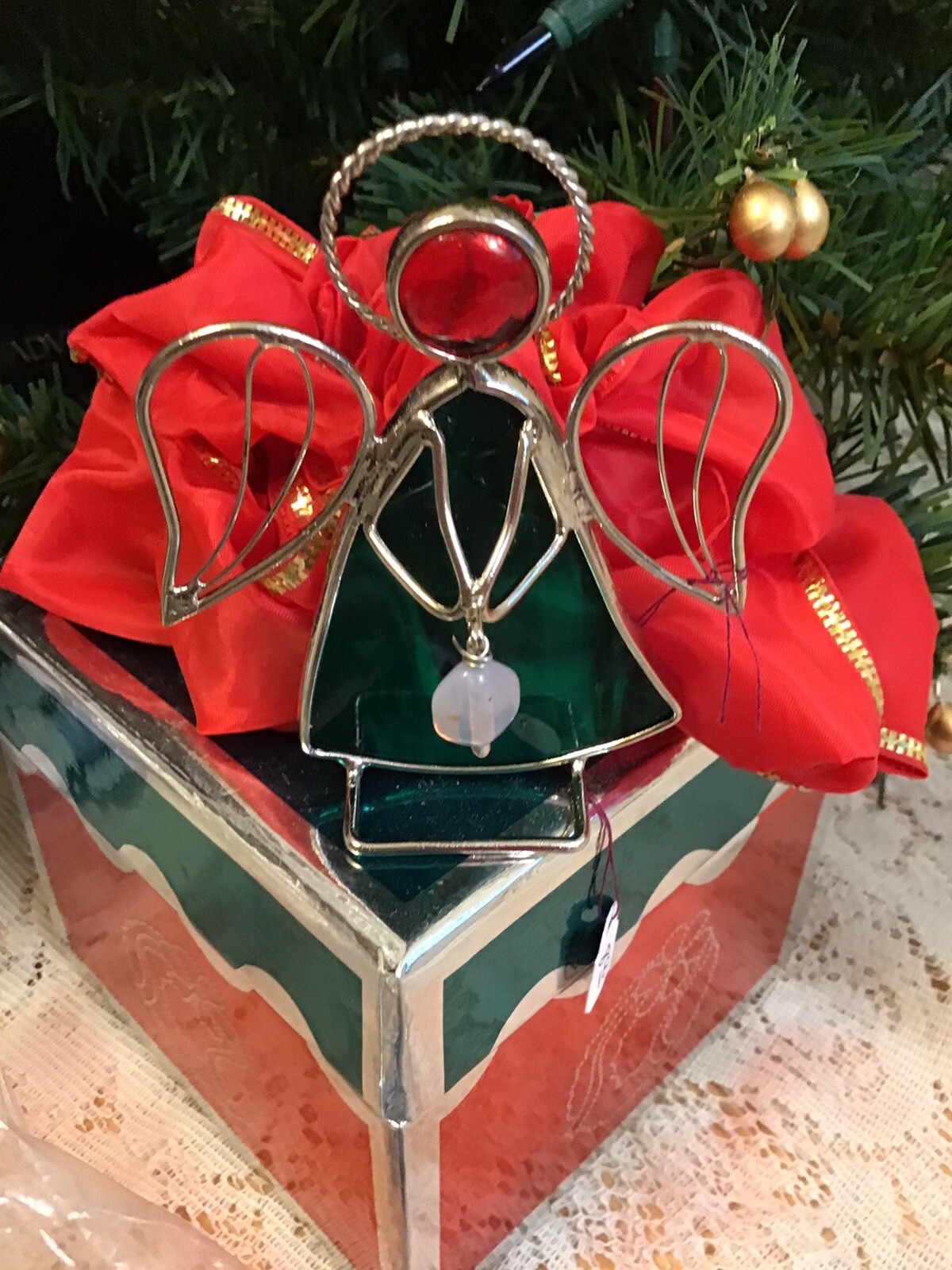 3 Stained Glass Angels - Green & Yellow Sun catchers / Ornaments - Free Standing